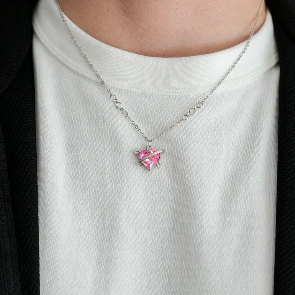 pink heart planet halo dainty necklace